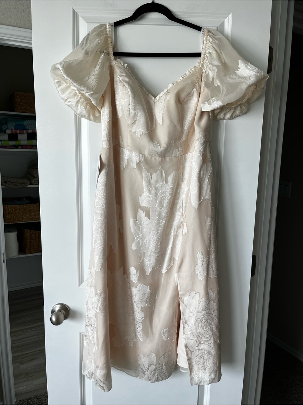 Azazie Misha Ivory Puff-Sleeve Midi Dress with Front Slit - Picture 5 of 10